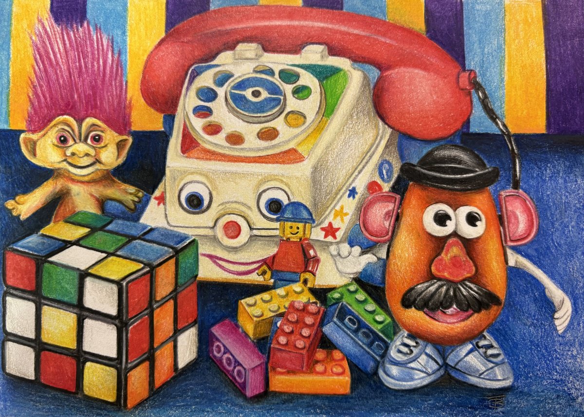 Photorealistic Still Life Pencil Drawing By Tiffany Budd, 13 X 10", Faces Of The 80