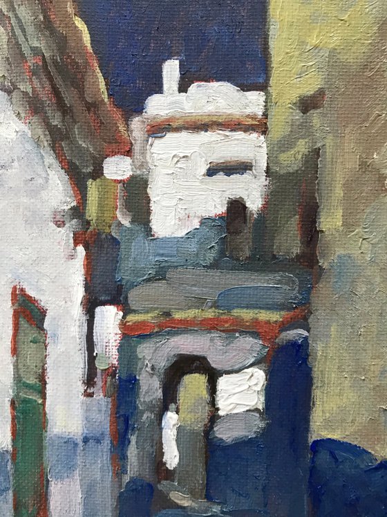 Original Oil Painting Wall Art Signed unframed Hand Made Jixiang Dong Canvas 25cm × 20cm Cityscape Street in Skiathos Greece Small Impressionism Impasto