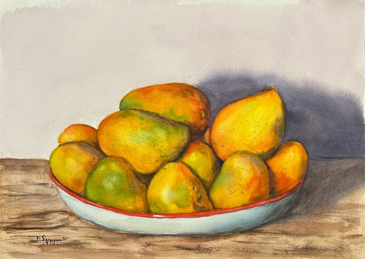 Impressionistic Botanical Watercolour By Krystyna Szczepanowski, 14 X 10", Mangoes, Original Artwork