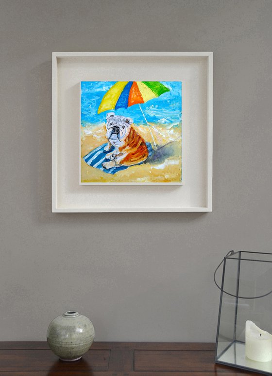 Beach season, Bulldog Painting Original Art Funny Pet Artwork Beach Wall Art English Bulldog on the beach