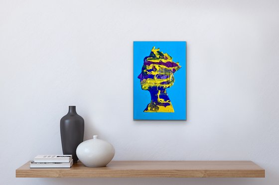 Purple metallic, yellow, gold metallic, turquoise, Queen #30 Abstract Queen Elizabeth  portrait  on sky bluebackground