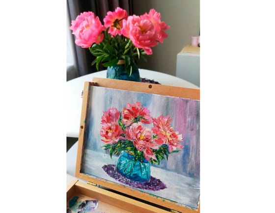 Peonies. Pink peony bouquet, small oil painting