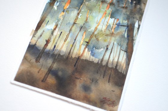 Pine forest, small watercolor painting