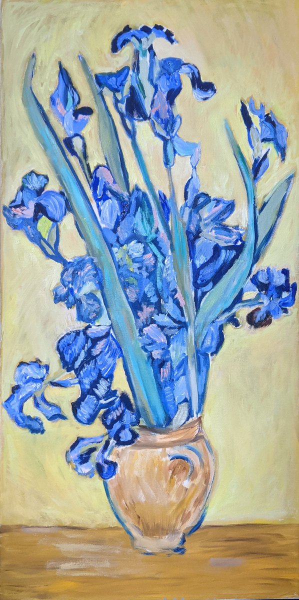 Impressionistic Botanical Oil Painting By Anna Brazhnikova, 16 X 31, Irises In A Vase, Original Artwork