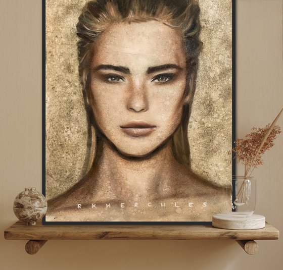 Odette female fierce strong power woman slick hair thick eyebrows neutral green large painting oil on canvas