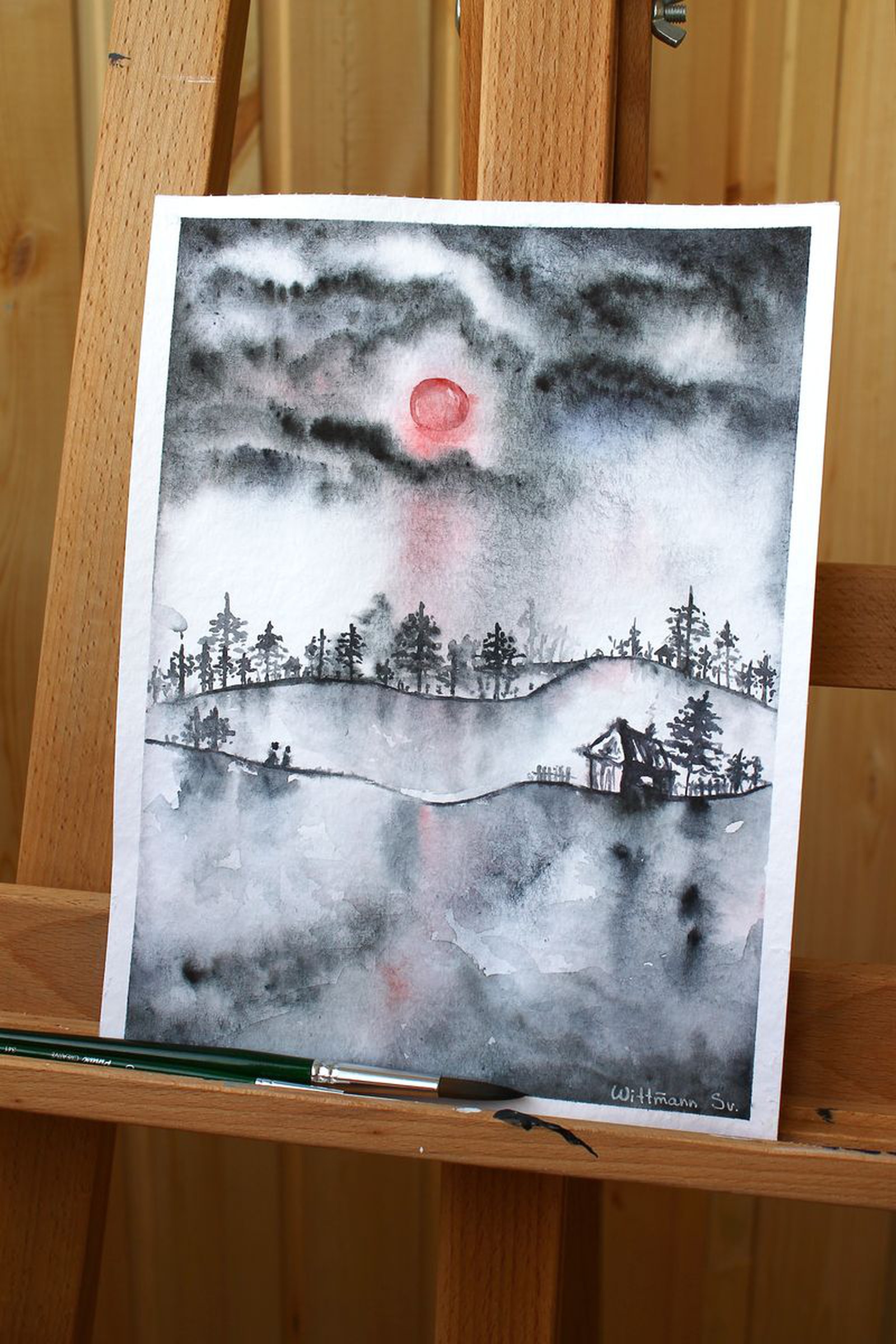 Watercolor Night Landscape With Red Moon 21x27 C Artfinder