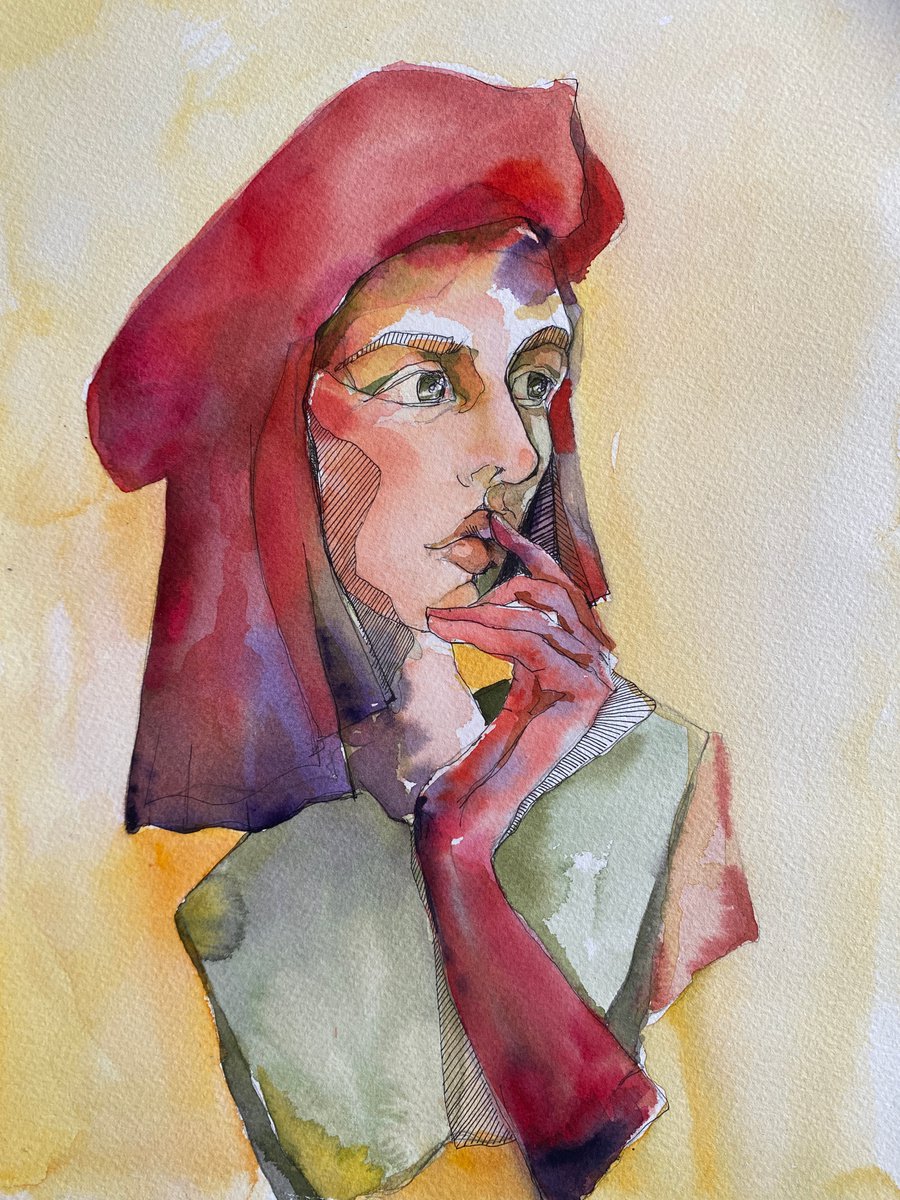Expressive Watercolour , Girl With Red Beret By Paola Minekov, 12 X 16, Artwork For Sale On Artfinder