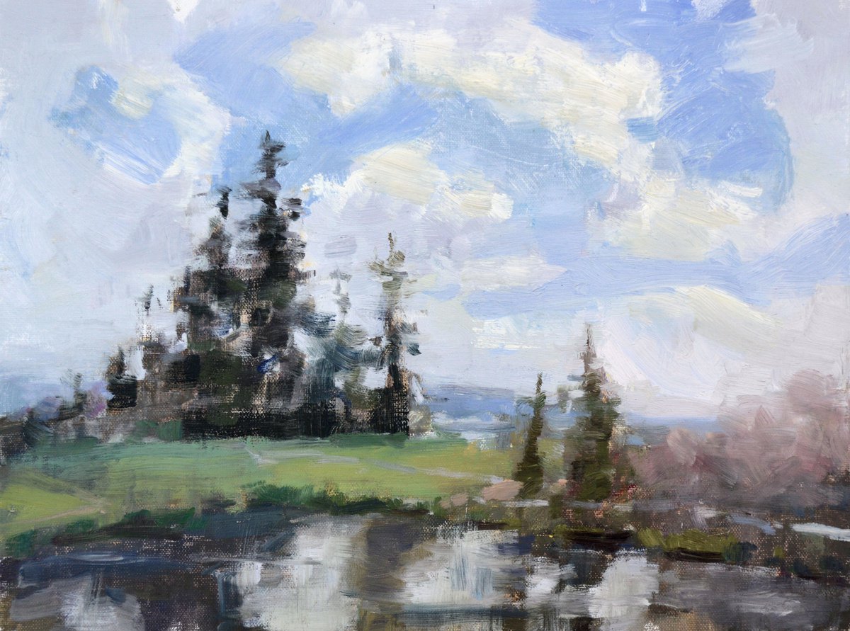 Impressionistic Landscape Oil Painting By Kristina Sellers, 12 X 9", Towering Pines, Original Artwork