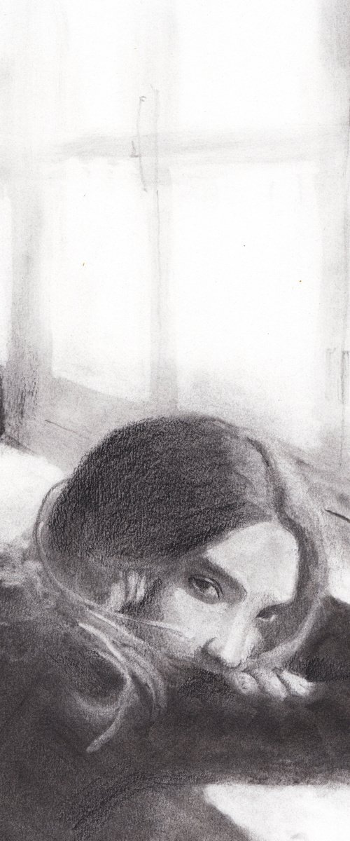 charcoal drawing of female during covid quarantine being bored by Renske Karlien Hercules