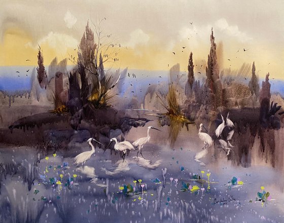 Watercolor Sold “Evening on the lake.White birds” perfect gift