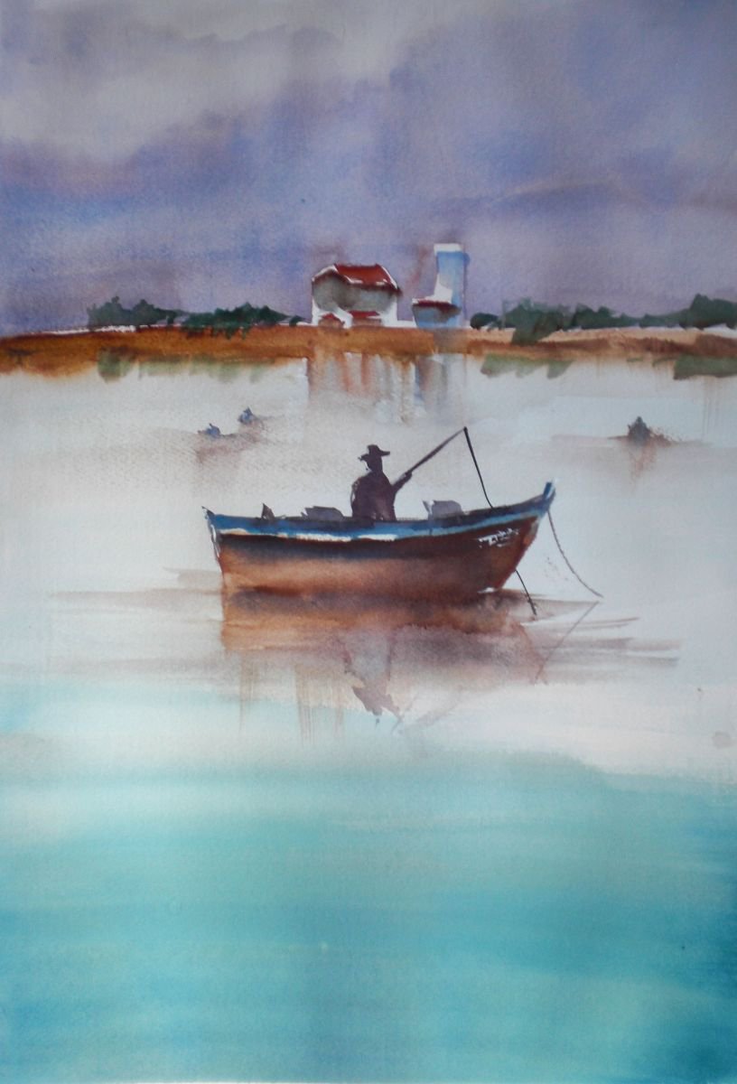 Expressive Landscape Watercolour By Giorgio Gosti, 13 X 19, Fisherman, Original Artwork