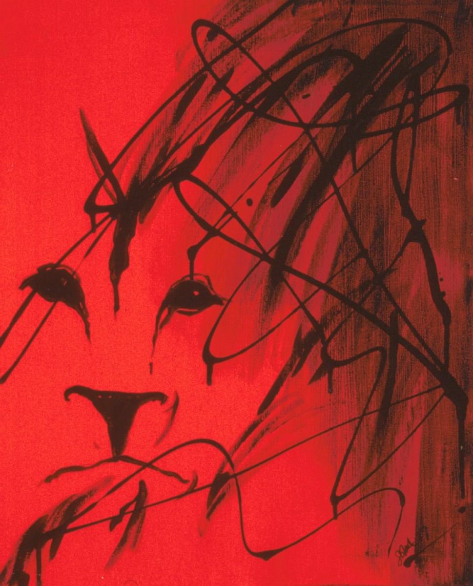 Abstract Animal Acrylic Painting By Carolyn Shoemaker (Soma), 16 X 20, Red Lion, Original Artwork