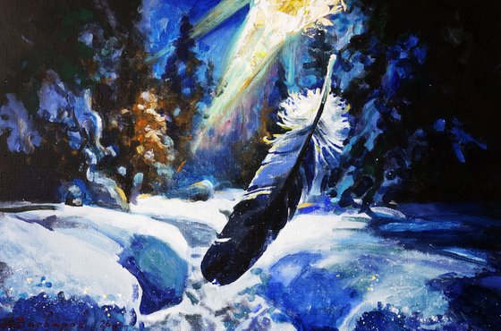 Falling Feather In Winter Forest