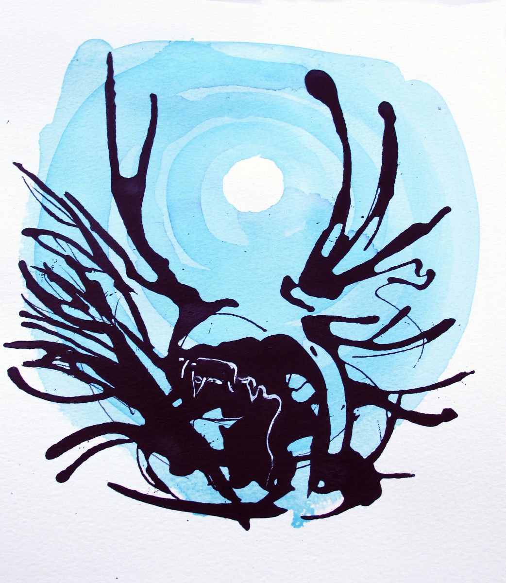 Illustrative Abstract Ink Drawing By John Sharp, 6 X 7, Angel And Moon No.02, Original Artwork