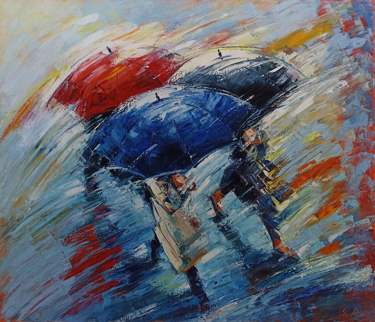 Colorful umbrellas (70x80cm, oil painting, ready to hang) by Narek Qochunc