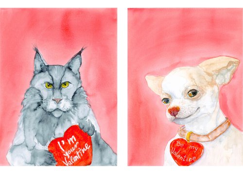 Set of 2 portrait of maine coon cat and chihuahua dog with red heart by Olga Ivanova