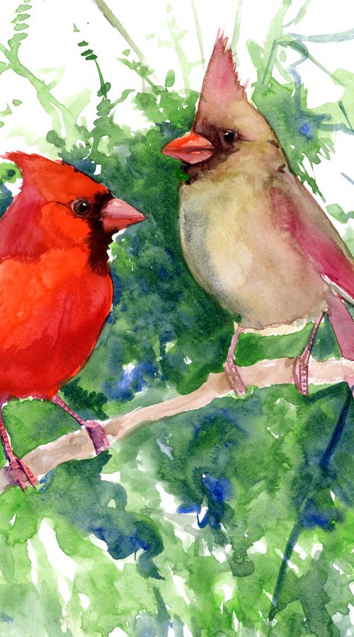 Cardinal Birds watercolor Painting by Suren Nersisyan