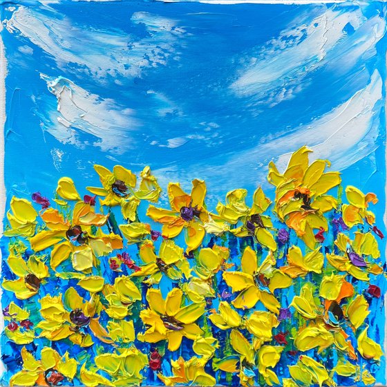 Yellow wildflowers at the meadow. Impasto painting