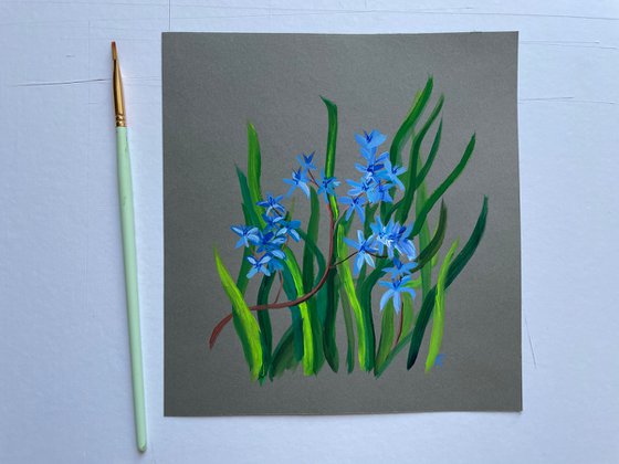 Forget-me-not Gouache Painting, Blue Flowers Original Artwork, Wild Flower Wall Art, Romantic Gift