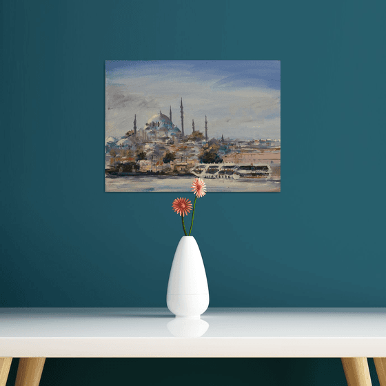 View of Suleimanie mosque. Istanbul, Turkey. Original oil painting. Travel landscape moody grey decor landscape urban view sea seascpae