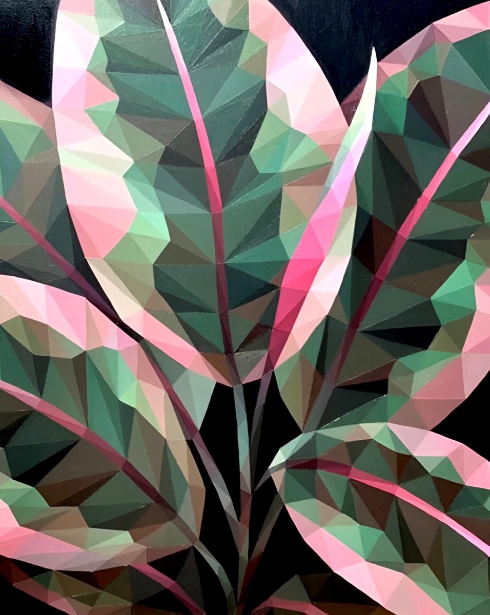 Geometric Landscape Acrylic Painting By Maria Tuzhilkina, 16 X 20", Ficus Leaves, Original Artwork