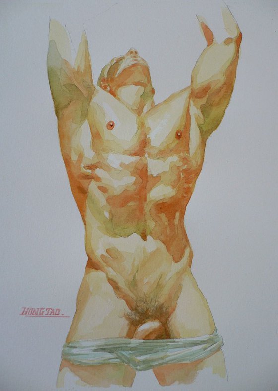 ORIGINAL WATERCOLOUR PAINTING ART MALE NUDE MEN ON PAPER 12 30 01