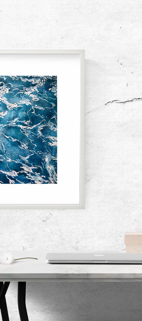 The Sea, Framed - seascape simple watercolor painting by Diana Lozko