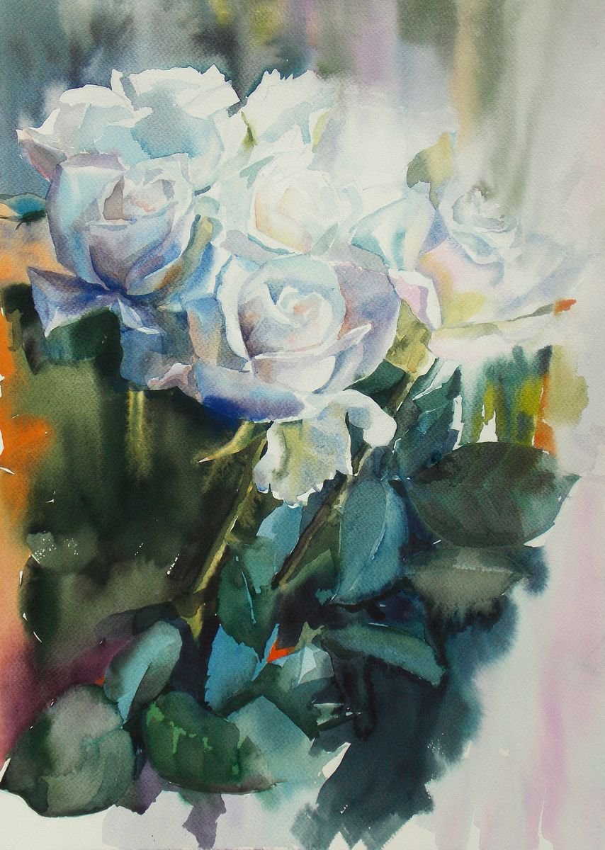 Impressionistic Botanical Watercolour By Yurii Pashkov, 15 X 21", Bouquet Of White Roses, Original Artwork
