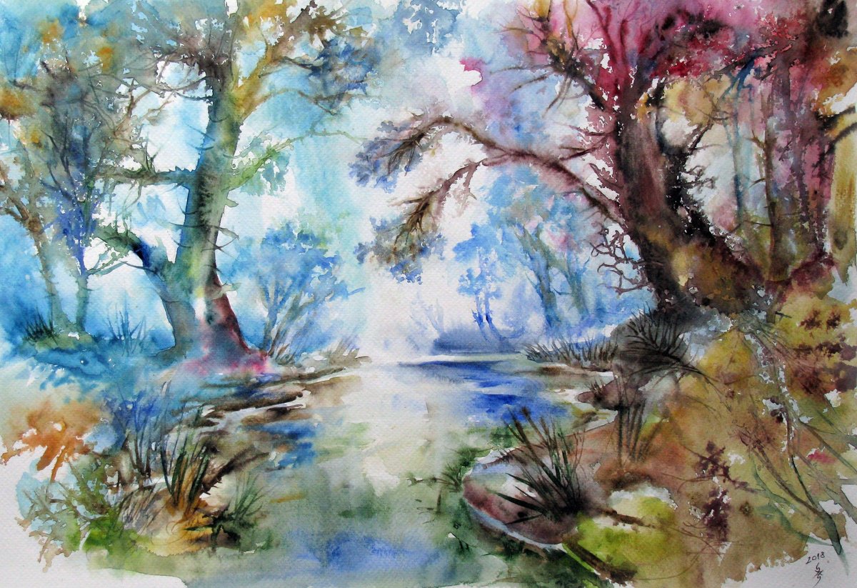 Impressionistic Landscape Watercolour By Szekelyhidi Zsolt, 19 X 13", Forest, Original Artwork