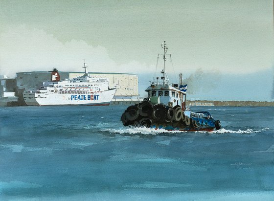 Tugboat and the Passenger Ship at Dusk