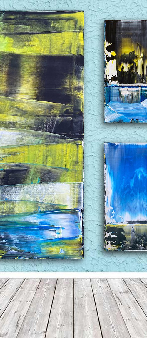 "Locals Only" - Save As A Series - Original PMS Abstract Acrylic Painting Triptych On Gallery Wrap Canvas and Recycled Wooden Desk Panels - 63" x 60" by Preston M. Smith (PMS)