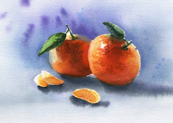 Tangerines original  watercolor painting, orange , still life, gift, medium size