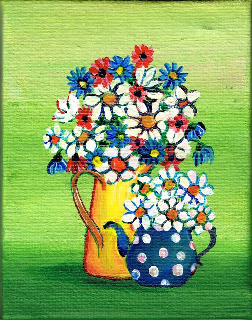 flowers in yellow pot and blue tea pot, original acrylic miniature painting, still life by Diana Aleksanian