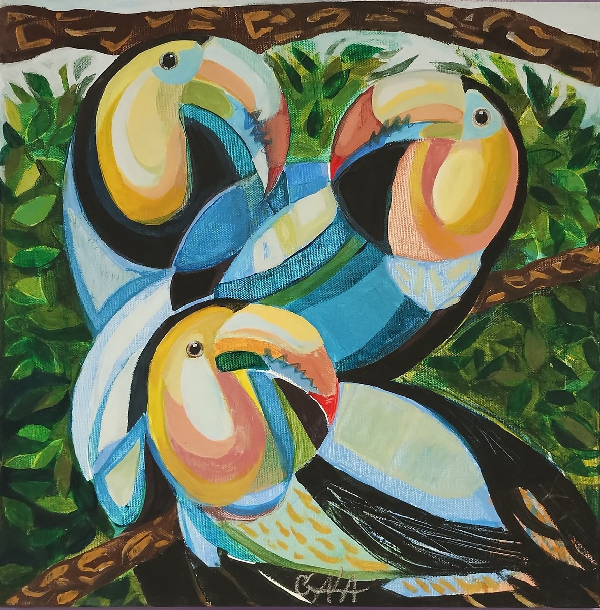 Expressive Animal Oil Painting By Galya Koleva, 16 X 16, Friends Talk, Original Artwork