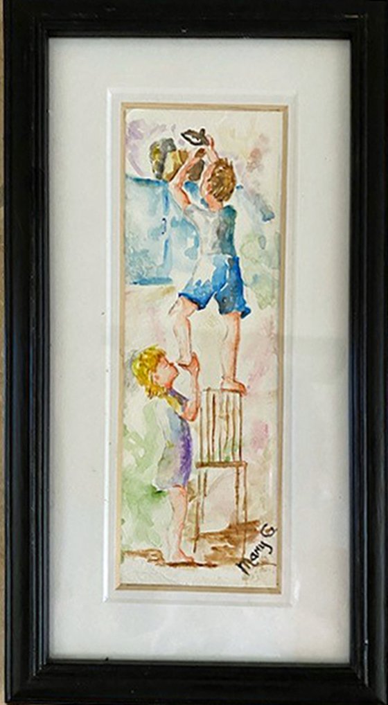 One of a Kind Vintage, Original, Watercolor Who's Been in the Cookie Jar fully framed 7x13
