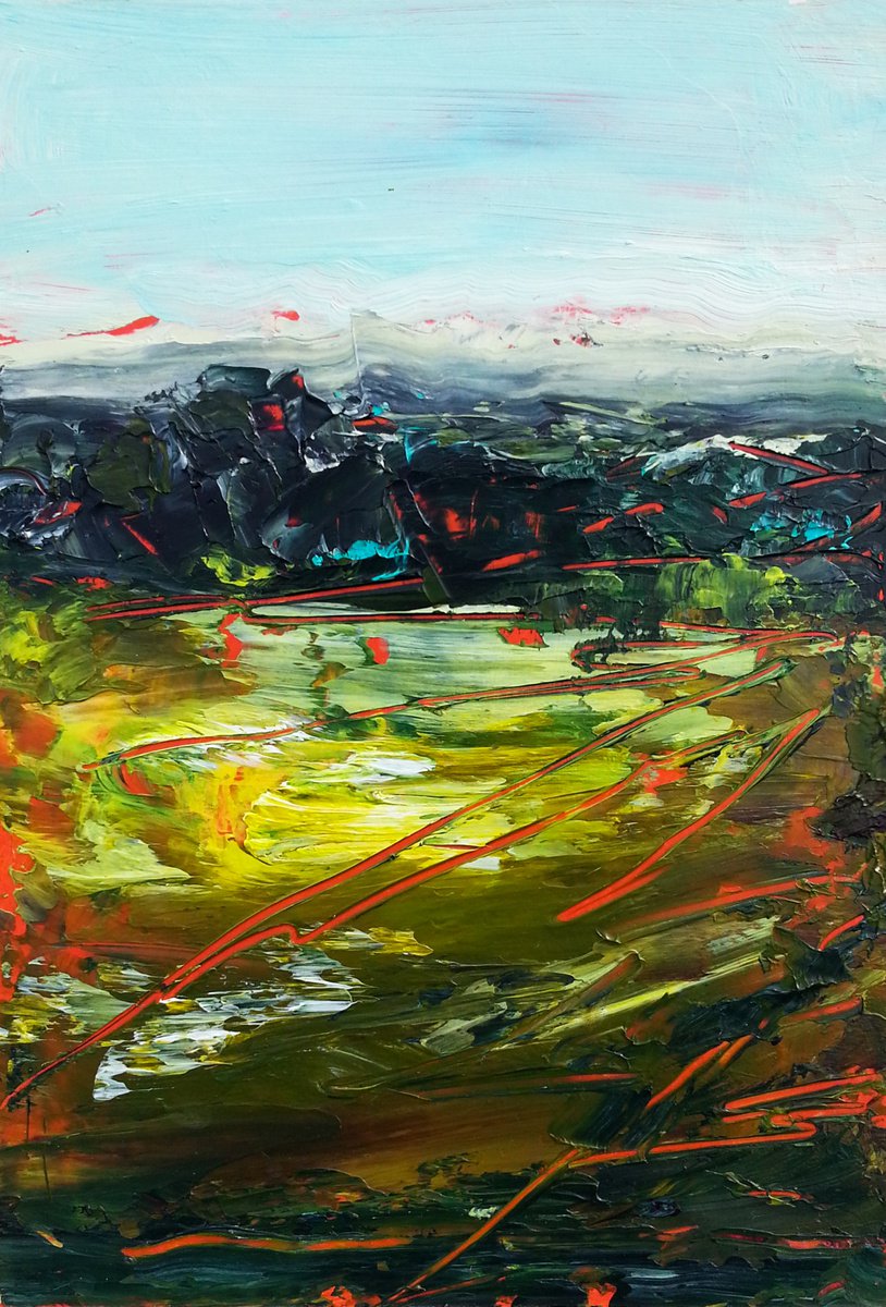 Expressive Landscape Acrylic Painting By Fabienne Monestier, 7 X 11, Countryside #3, Original Artwork