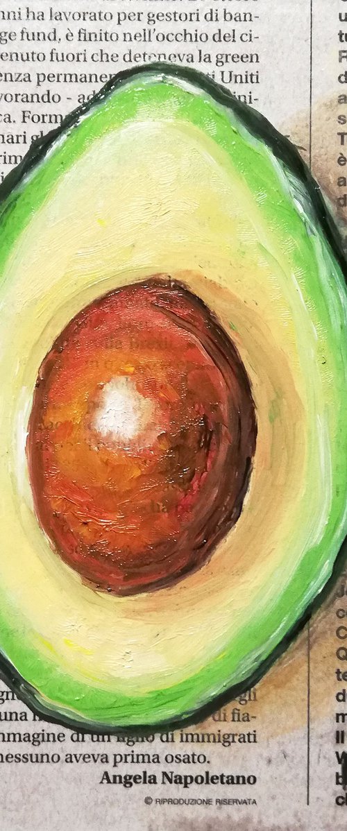 "Avocado on Newspaper" Original Oil on Wooden Board Painting 6 by 6 inches (15x15 cm) by Katia Ricci