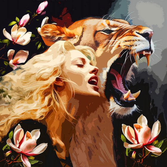 RRRrrrrr!!! Woman and lioness. Screaming woman and growling wild animal. Gift