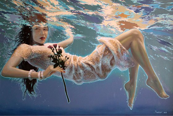 Large blue oil painting original canvas Woman Rose Girl Underwater Photorealism Flower Sea Painting Wall art Studio décor Seascape Dress