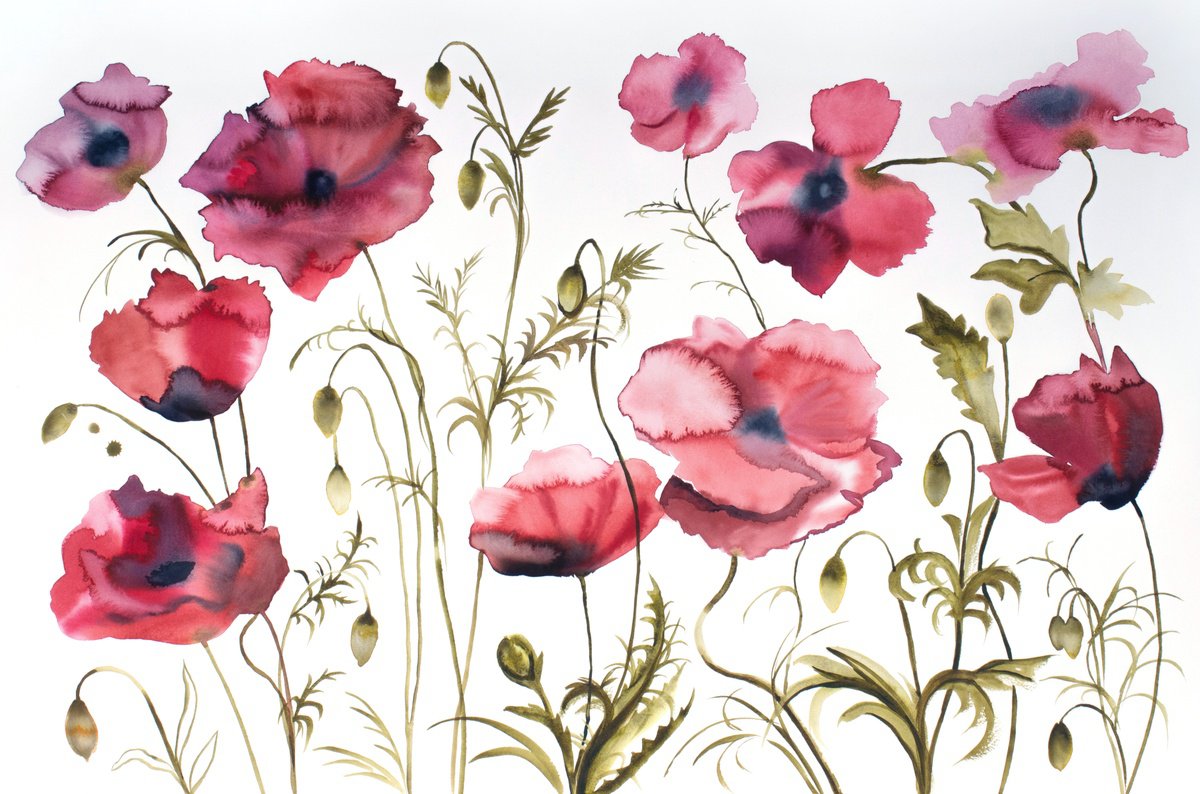Expressive Botanical Watercolour By Elizabeth Becker, 40 X 26, Poppies No. 5, Original Artwork