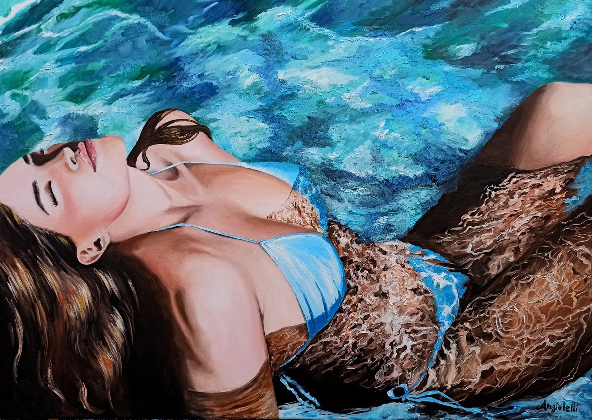 Photorealistic Portrait Oil Painting By Anna Rita Angiolelli, 28 X 20, Turquoise Water, Original Artwork