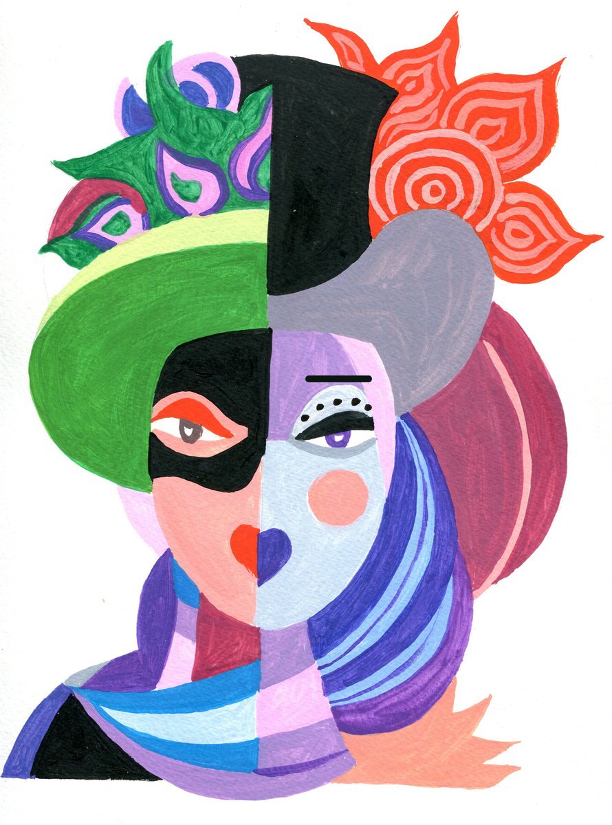 Urban And Pop Portrait Acrylic Painting By Andre Baldet, 10 X 13, Masked-Venice_02, Original Artwork