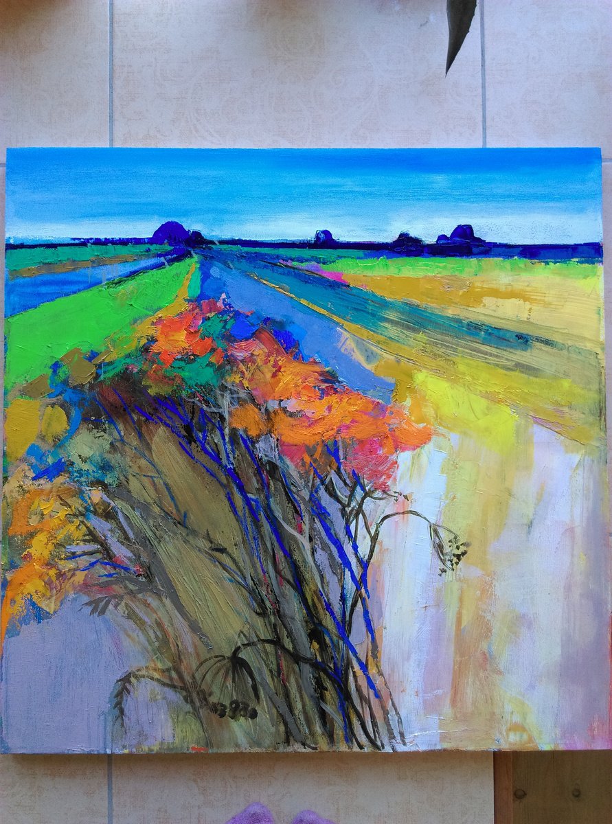 Impressionistic Landscape Oil Painting By Victoria Cozmolici, 28 X 28", Wildflowers, Original Artwork