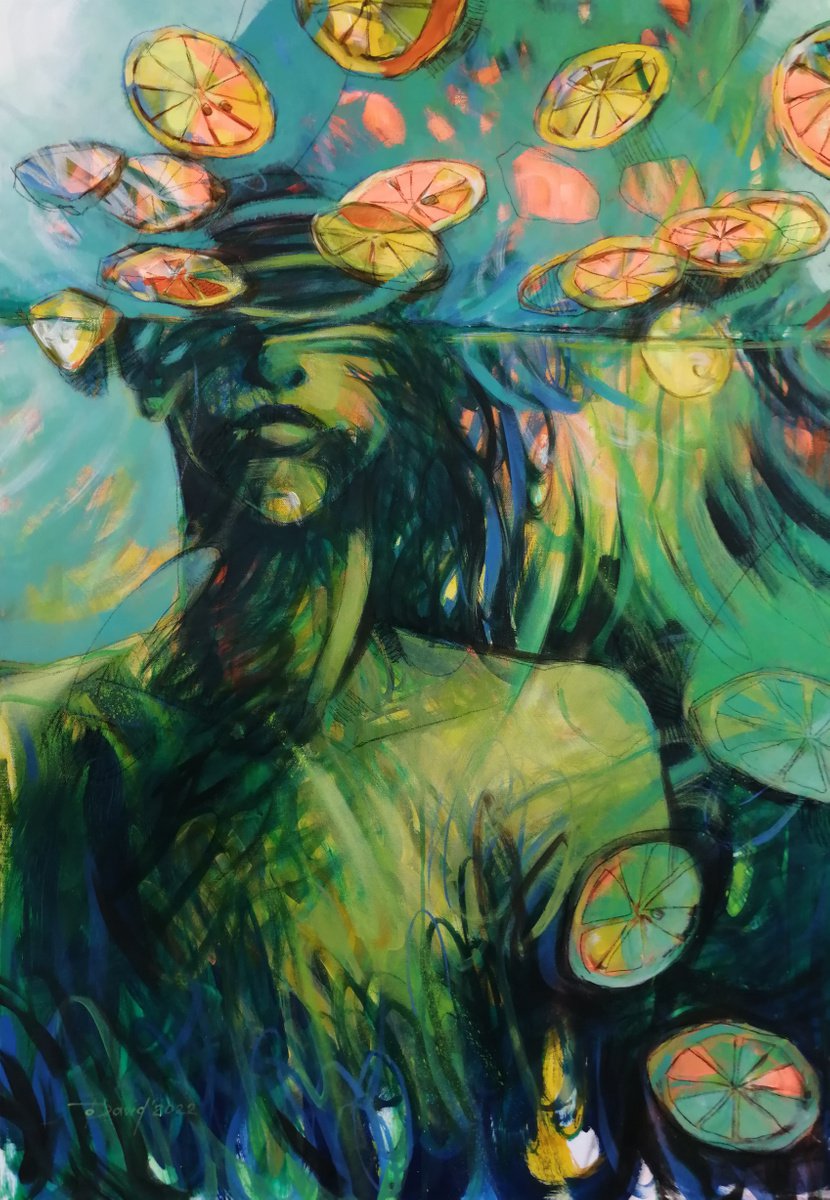 Expressive Portrait Painting By Olga David, 28 X 39", Lemon Swimming Pool, Original Artwork