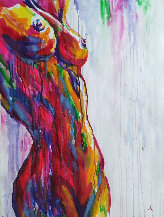 Woman in the rain - erotic, nude, woman, woman body, nu, Mixed-media, girl, watercolor painting, acrylic, body