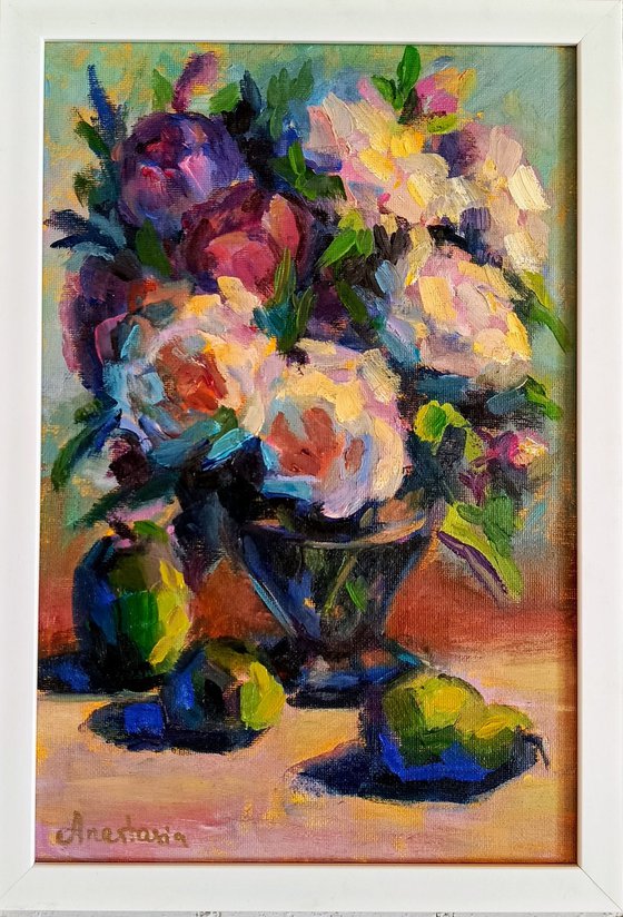 Still life Bouquet of summer flowers and pears