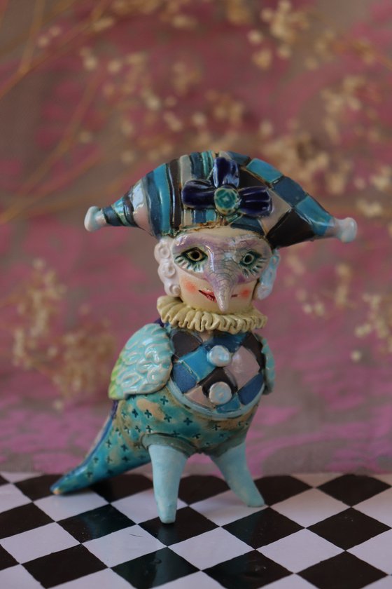 Harlequin  Bird. Ceramic sculpture.
