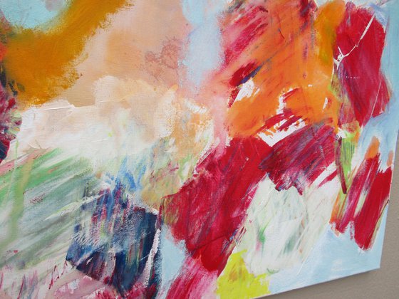 peach and blue abstract painting