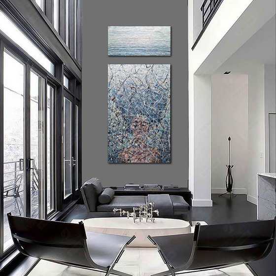 White gray blue abstract Painting with sens Dreams painting Zen painting Meditation abstract diptych