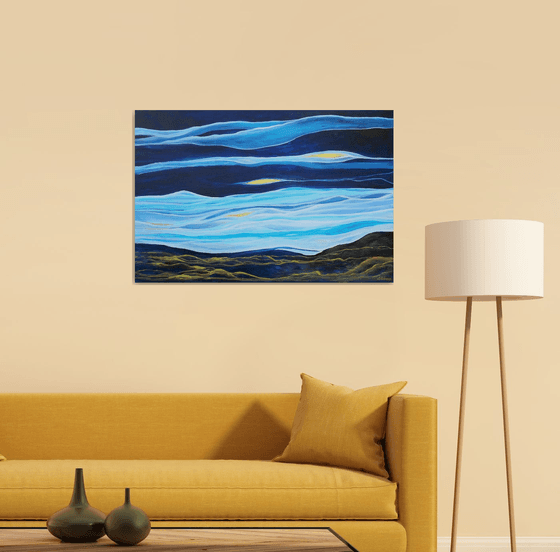 Large Abstract Seascape Painting. Ocean Waves. Blue and Gold Abstract Landscape Painting